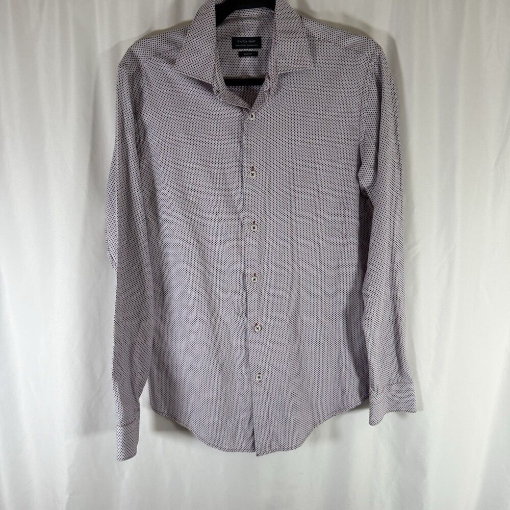 Zara Man Dress Shirt Men's Medium Red Blue Polka Dot Long Sleeve Button Up Slim